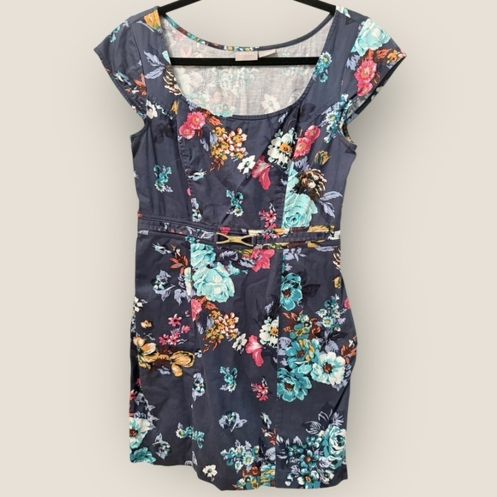 eShakti Floral Mini Dress w/ Pockets Sz M Pink/Blue  Zipper Side EUC AS